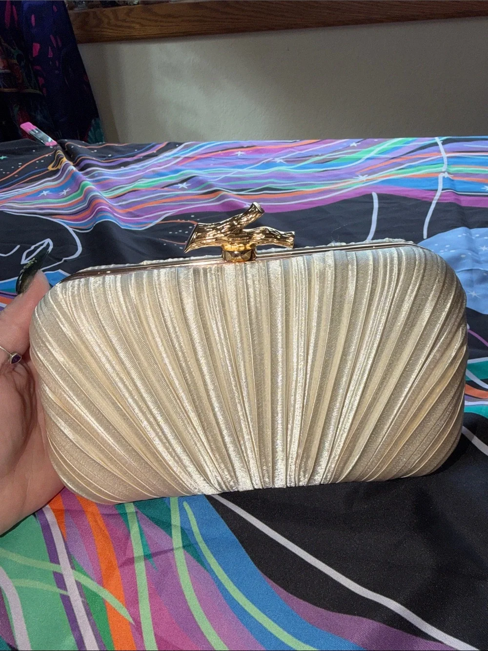 Elegant Pearl Ivory Satin Clutch with Gold Bird Accent NWOT